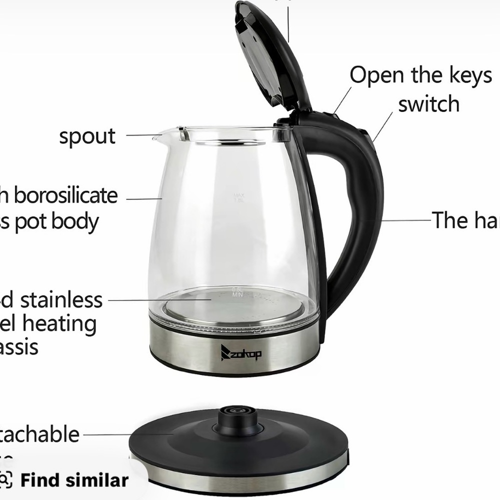 ZOKOP HD-1861 Back to top 1.8L Electric Glass
Kettle - Picture 7 of 7